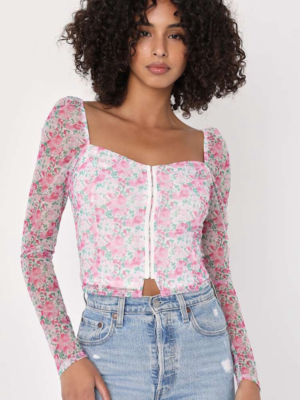 Lulu's Pink Floral Square-Neck Long Sleeve Top